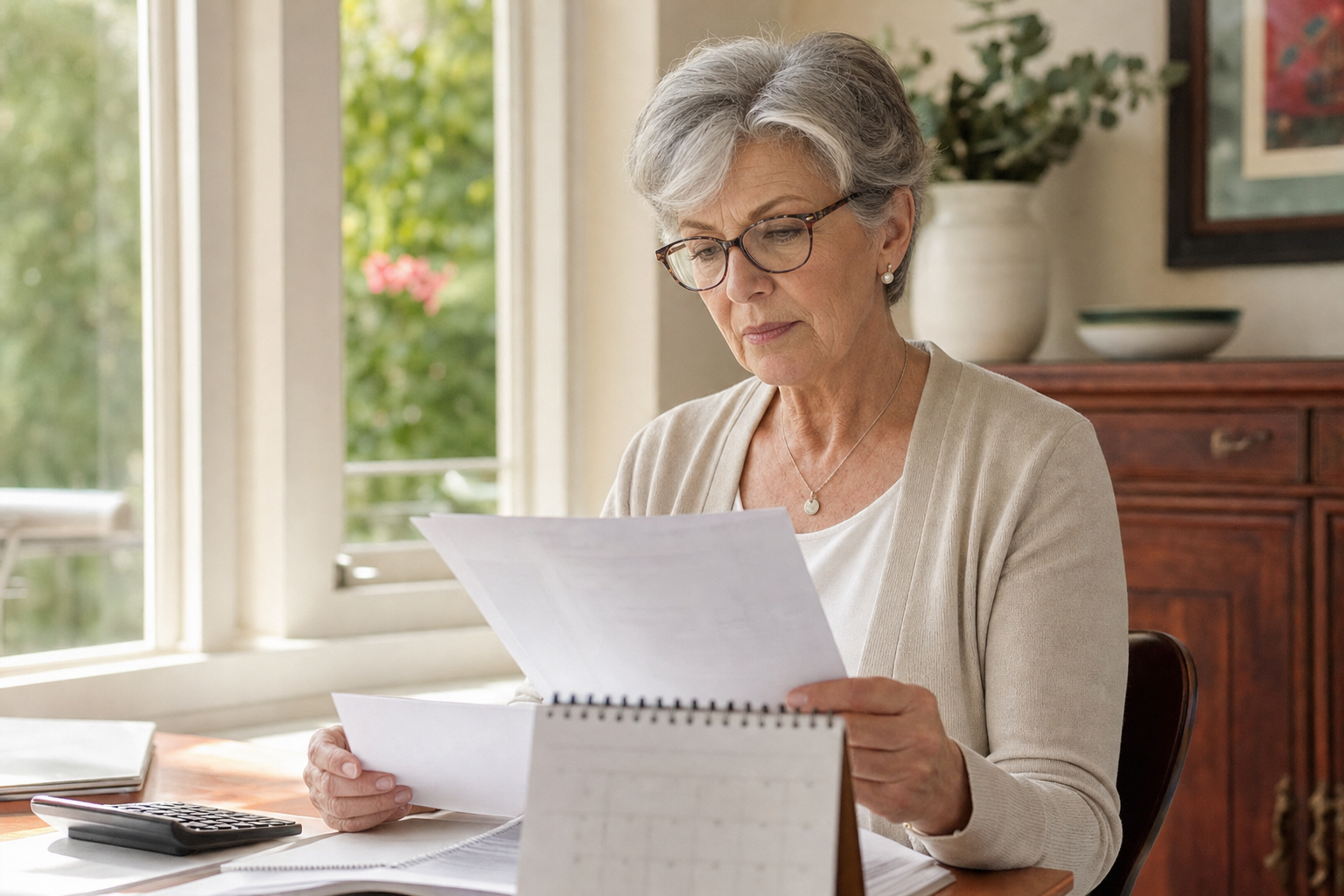 A woman reviews retirement account paperwork and a calendar near a sunlit window
