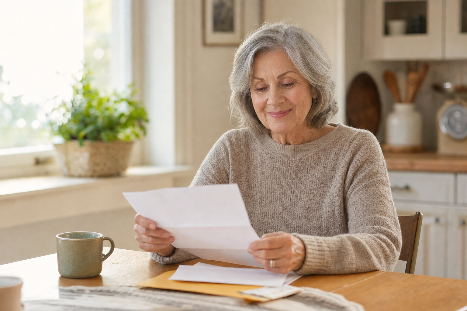 A woman smiles while reading a benefits letter at her kitchen table