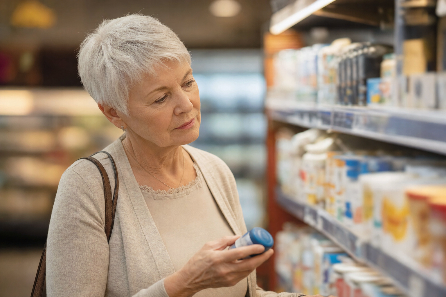A woman compares prices while shopping in a grocery store aisle