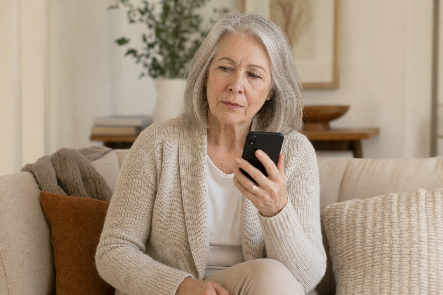 A woman pauses with a cautious expression before answering a call on her phone