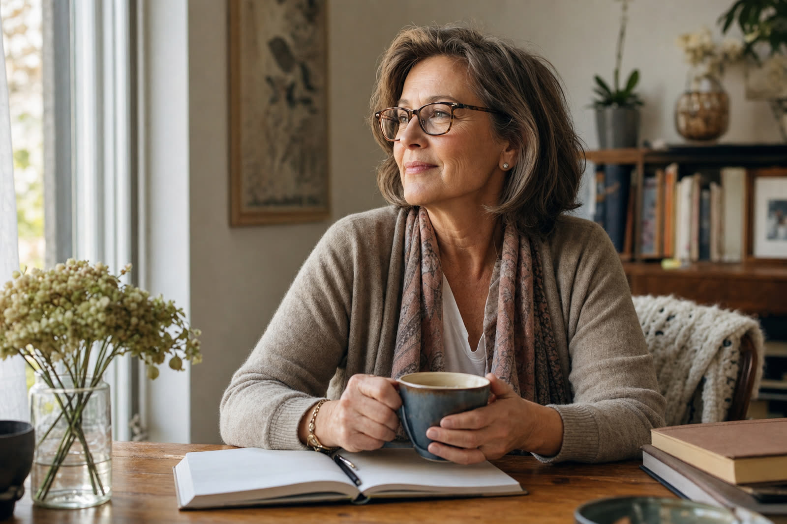 Woman with glasses pausing thoughtfully at her desk with a cup of tea